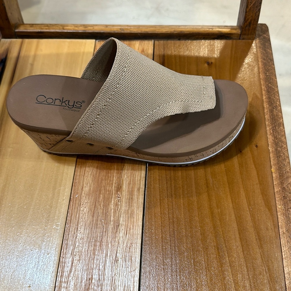 Flirty Sport camel color wedge sandal by Corkys, NIB